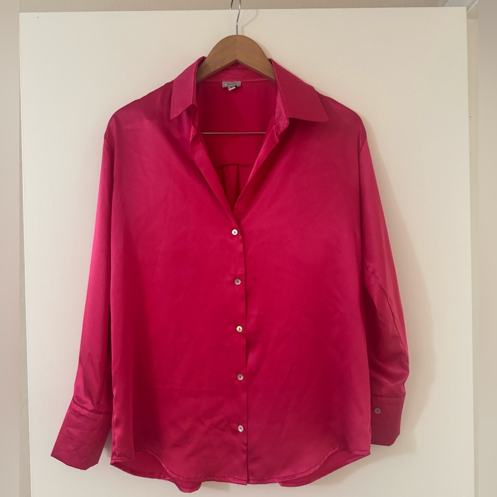 Hot Pink Satin Button Down Blouse – Size S – Silky, Dressy, Lightweight